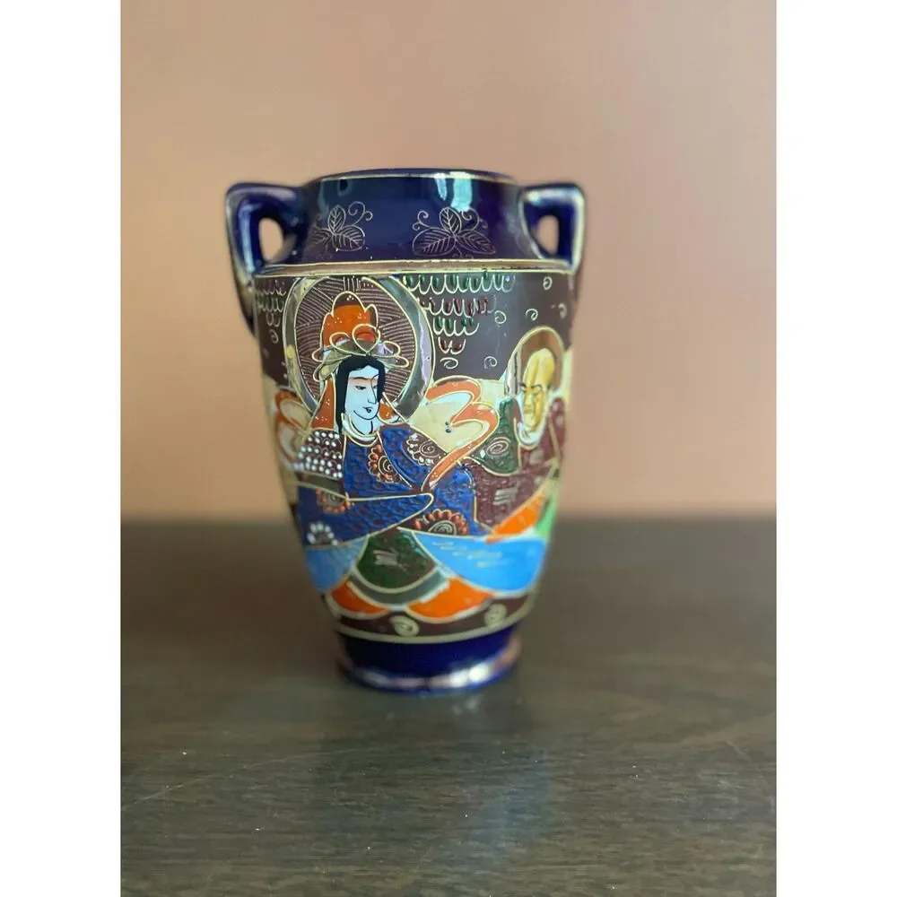 Vintage Japan Cobalt Hand Painted Vase Set Pair 8